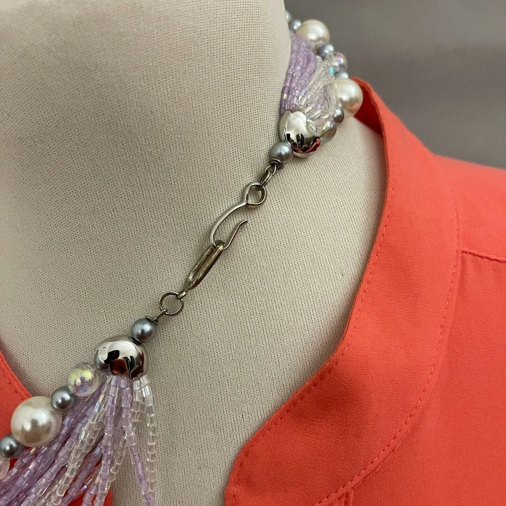 White Faux Pearl Gray Iridescent Seed Lavender Beads Multi-strands Necklace NWOT